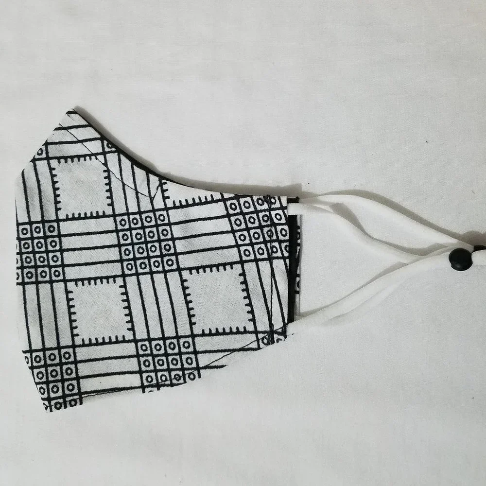 Hand Crafted Face Mask Reversible African Wax Print White and Black Adult Size